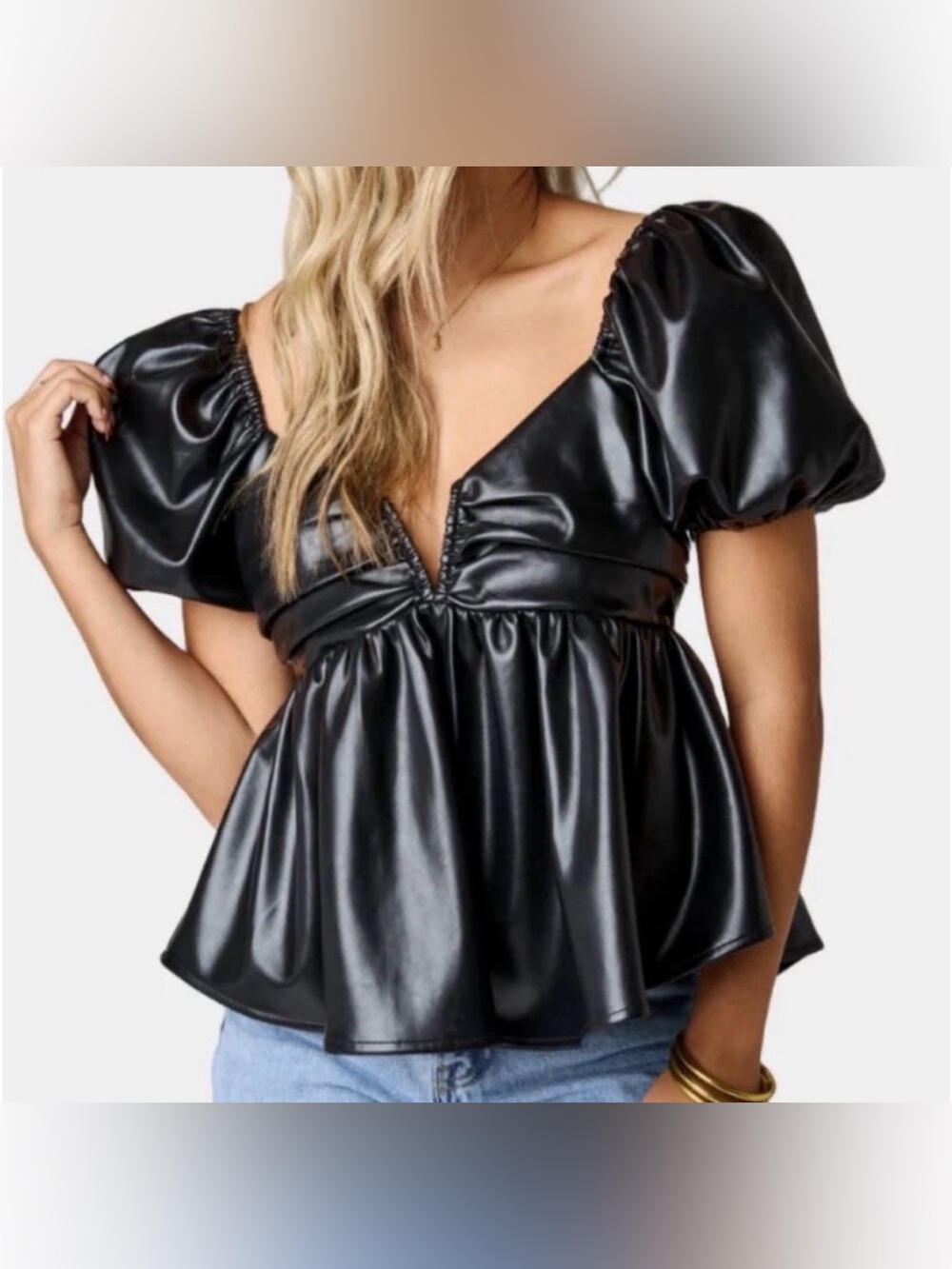 Buddy Love Black Faux Leather Peplum Top with Puff Sleeves - Picture 6 of 8